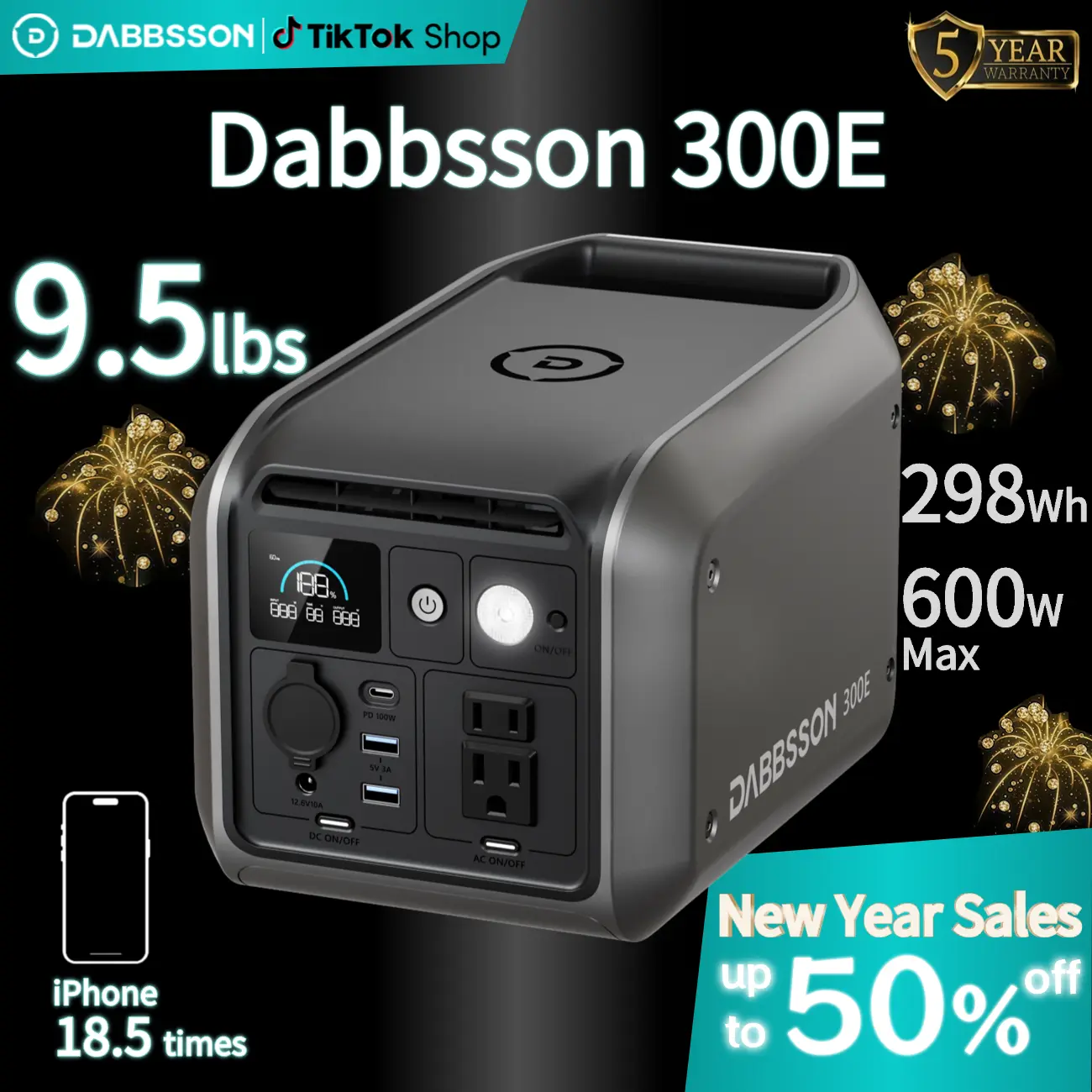 Dabbsson 298Wh Portable Power Station 300E 300W Max Output with Semi-solid LiFePO4 Battery Light Compact for Outdoor Camping RV Roadtrip Emergency Home Backup Power Offgrid Living Solar Generator