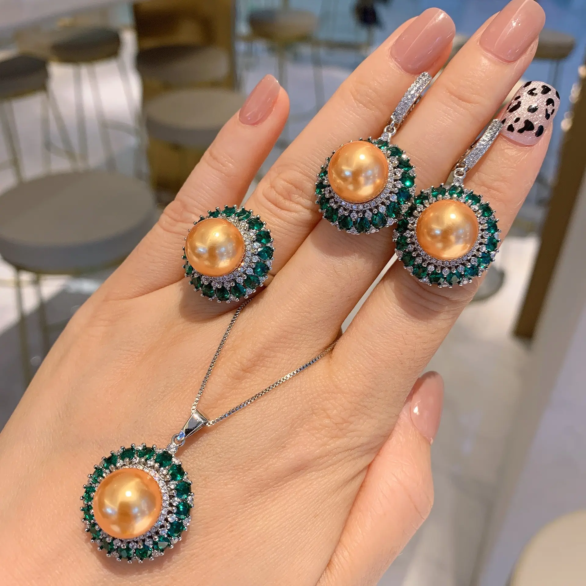 Two For One!!! Green Nano White Australian Big Pearl Earrings Necklace Ring Set Inlaid with Diamonds Big Pearl Emerald Premium Light Luxury Accessories Set