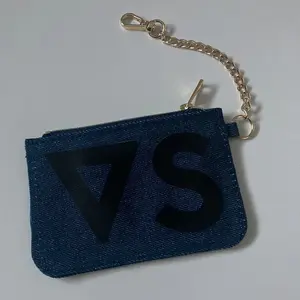 Villain Society Denim Card Holder with Chain Attachment, Featuring "VAS" Pattern, Blue Color, and Stylish Design