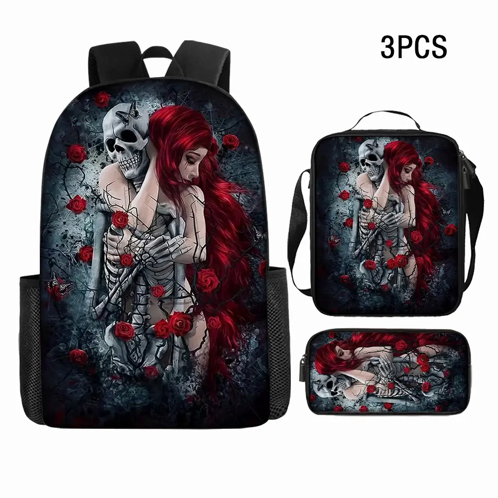 Kids 3-Piece Gothic Backpack Set, Skeleton & Red Roses Oxford Cloth School Bag with Insulated Lunch Box & Pencil Case, Fits 15-Inch Laptop for Back to School, Back To School Haul