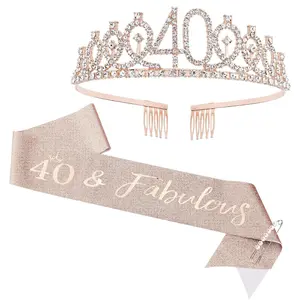 40th Birthday Crown + Sash + Pearl Pin Set for Women, Tiara, Gifts for Friends, Party Decorations & Favors