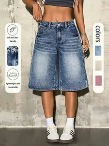 Women's Low Waist Loose Fit Jeans Shorts, Y2K Wide Leg Bermuda Knee-Length Denim Mid-Shorts, Trendy Casual Fashion Bottoms Womenswear