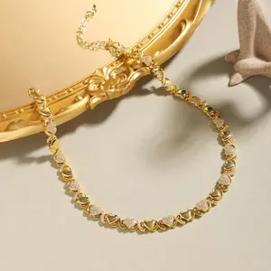 Gold XOXO Gemstone Necklace with Sparkling Heart Shaped Pendant,  AAAAA+ Cubic Zirconia, Adjustable Chain, Trendy Aesthetic Daily Wear Jewelry for Women, Valentine's Day Birthday Gift for Her, Cute Sparkling Love Necklace