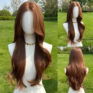 SMILCO 24-Inch Luxury Caramel Brown Low Density Pre-Cut Pre plucked Wig Futura Layer Cutted Medium Body Wave  Glueless Natural Hairline Synthetic Lace Front New type 2.0 SM9909