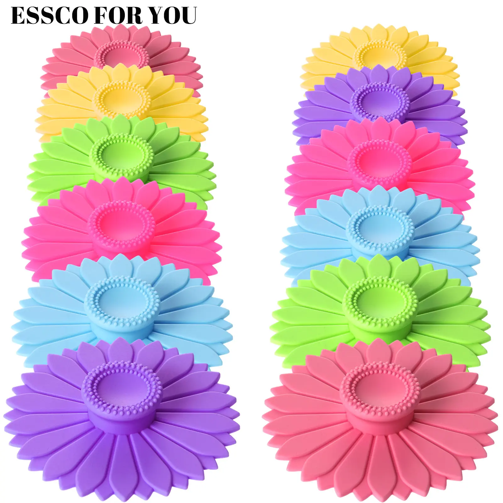 ESSCO FOR YOU 12-Set Stylish Reusable Durable Silicone Cup Covers, 6 Bright Colors Beverage Protectors for Hot Drinks, Outdoor Mug Lids (Sunflower Included)