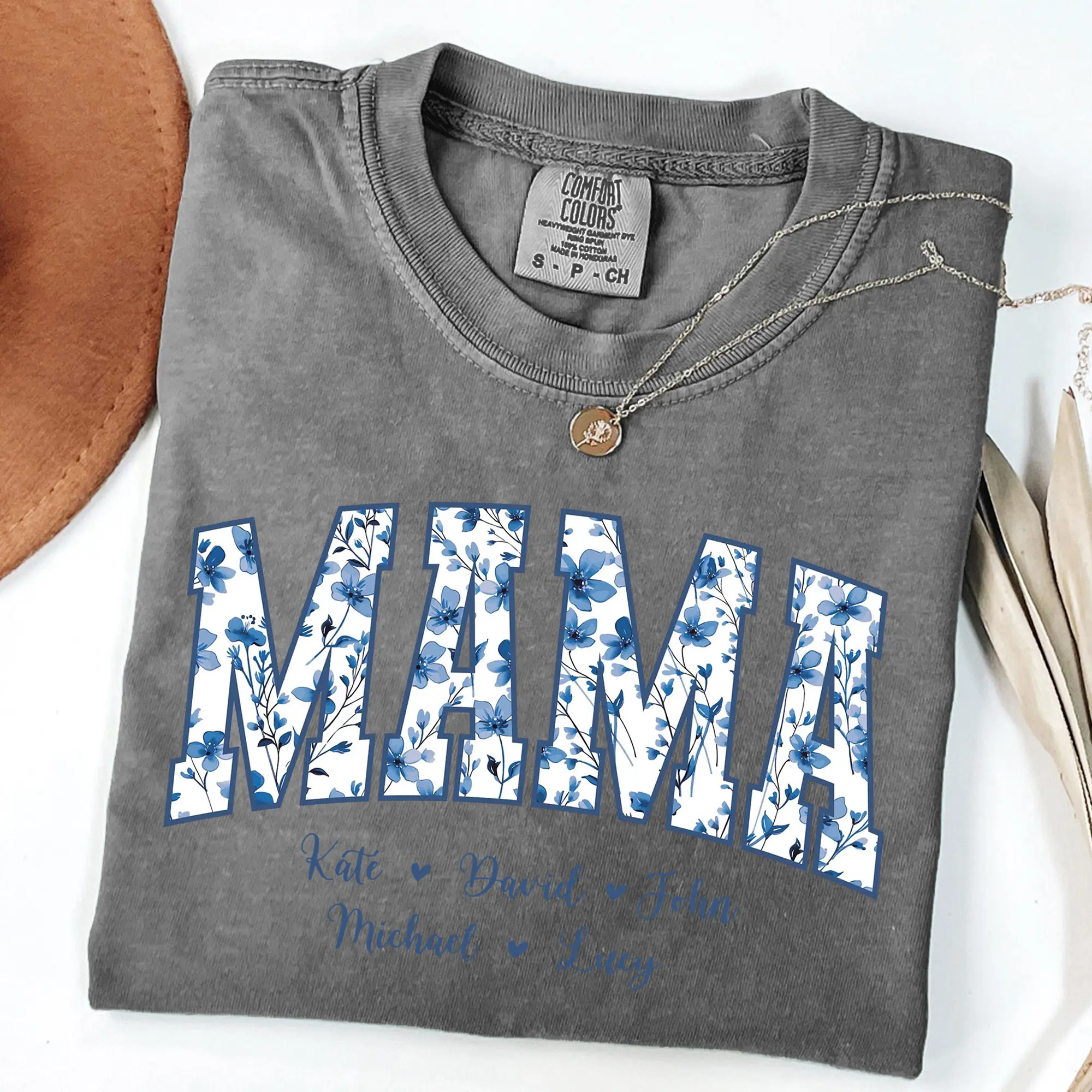 Personalized Mama Shirt Dusty Blue Floral Grandma Mama Shirt Custom Names Mimi Nana Gigi T-shirt Mothers Day Gift