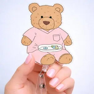 Teddy Bear Nurse Badge Reel | Kawaii Acrylic ID Holder | Retractable Badge