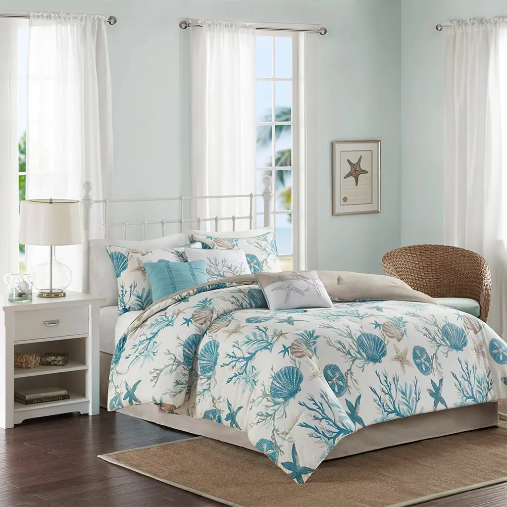 Madison Park Pebble Beach Cotton Sateen Comforter Set - California King Size, 7-Piece Decorative Bedding Set, 104x92x1.5 in, Aqua