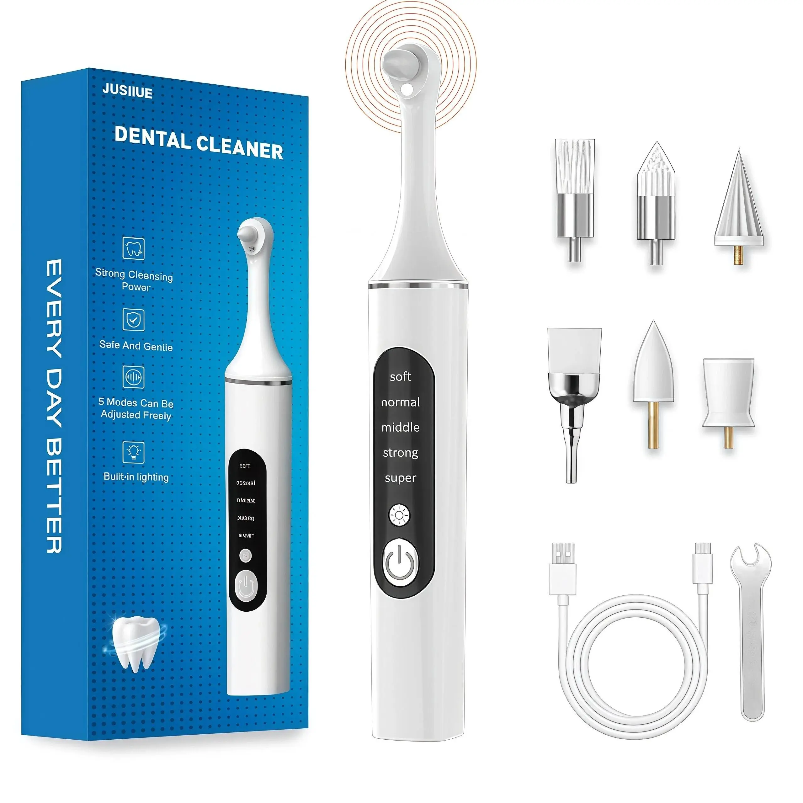 Rechargeable Oral Tooth Polisher Kit, 6 Brush Heads, 5 Speed Modes for Teeth Whitening and Cleaning Cleansing Cleansing Cleansing Oral