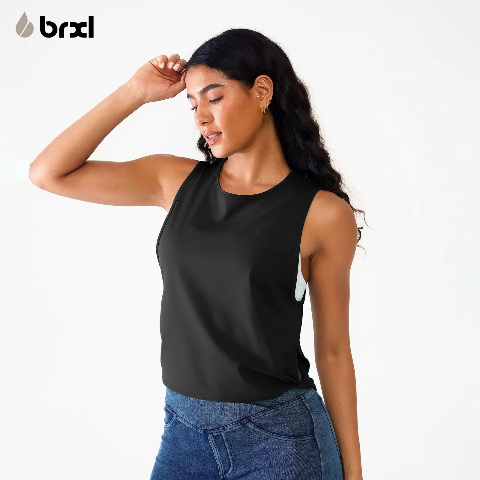 BRXL【Discount for live】 Loose-Fitting Oversized Armhole Sports Tank - Breathable Scoop Neck Crop Top with Knotted Hem,summerwins-brxl-1