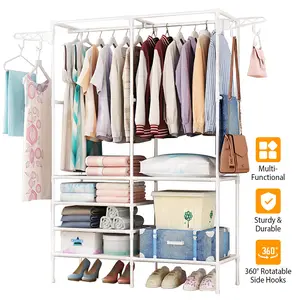 Metal Garment Rack Shoe Clothing Organizer Shelves Freestanding Multifunctional Clothes Wardrobe