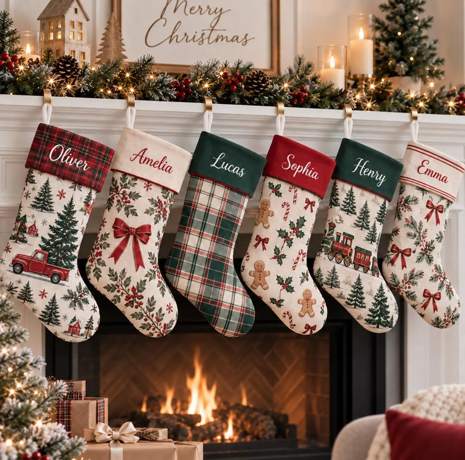 Personalized Christmas Stockings, Custom Name Plaid Christmas Stocking, Vintage Red Truck Gingerbread Family Stockings for Holiday Mantel