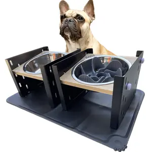 Elevated Dog Bowls- Heavy Duty Bamboo Metal Material- Individual Seperate Bowls, Slow Feeder and Stainless Steel Bowls