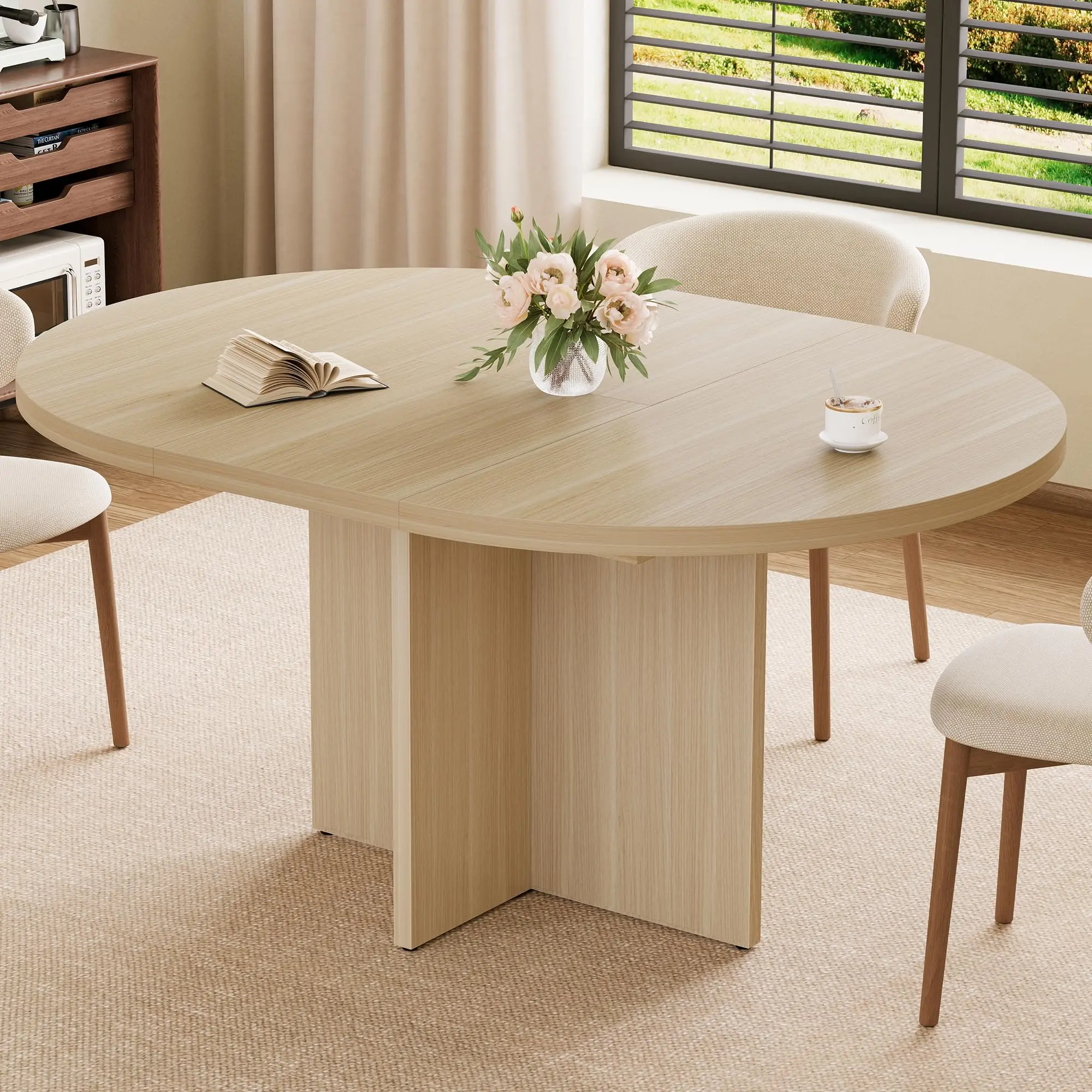 Garvee 43.3''-59'' Extendable Round Dining Table for 4-8, Modern Kitchen Oval Dining Table with Removable Leaves, Dinner Table for Dining Room, Kitchen, Living Room, Natural