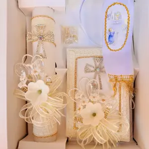 First Communion Candle Set with 8”Candle, Rosary, New Testament & Decorative Elements in Box for Boys and Girls English & Spanish Ivory