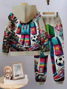 Boys' Creative Cartoon Print Loose Casual Athletic Hoodie Set, Large Size Suitable for Outdoor Wear, Comfortable and Stylish Fall & Winter, Clothes Kids