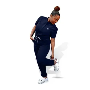 House of Scrubs Navy Scrubs Romper for Women - Fitted Short Sleeve Jumpsuit for Summer Workwear in Polyester Spandex Rayon Blend