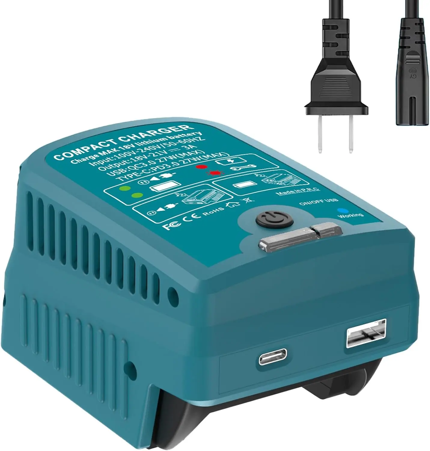 Makita 18V BL18 Series Battery Charger Unit, 21V 3A Max ABS Plastic Charger with Music Alert, USB & Type C Outputs, 100-240V US Plug (Compatible with BL1830 BL1850 BL1860)
