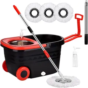 Spin Mop and Bucket with Wringer Set On Wheels, 360° Spinning Mop Bucket System with 3 Microfiber Replacement Heads, 61" Stainless Steel Extended Handle for Floor Cleaning Black(25QT)