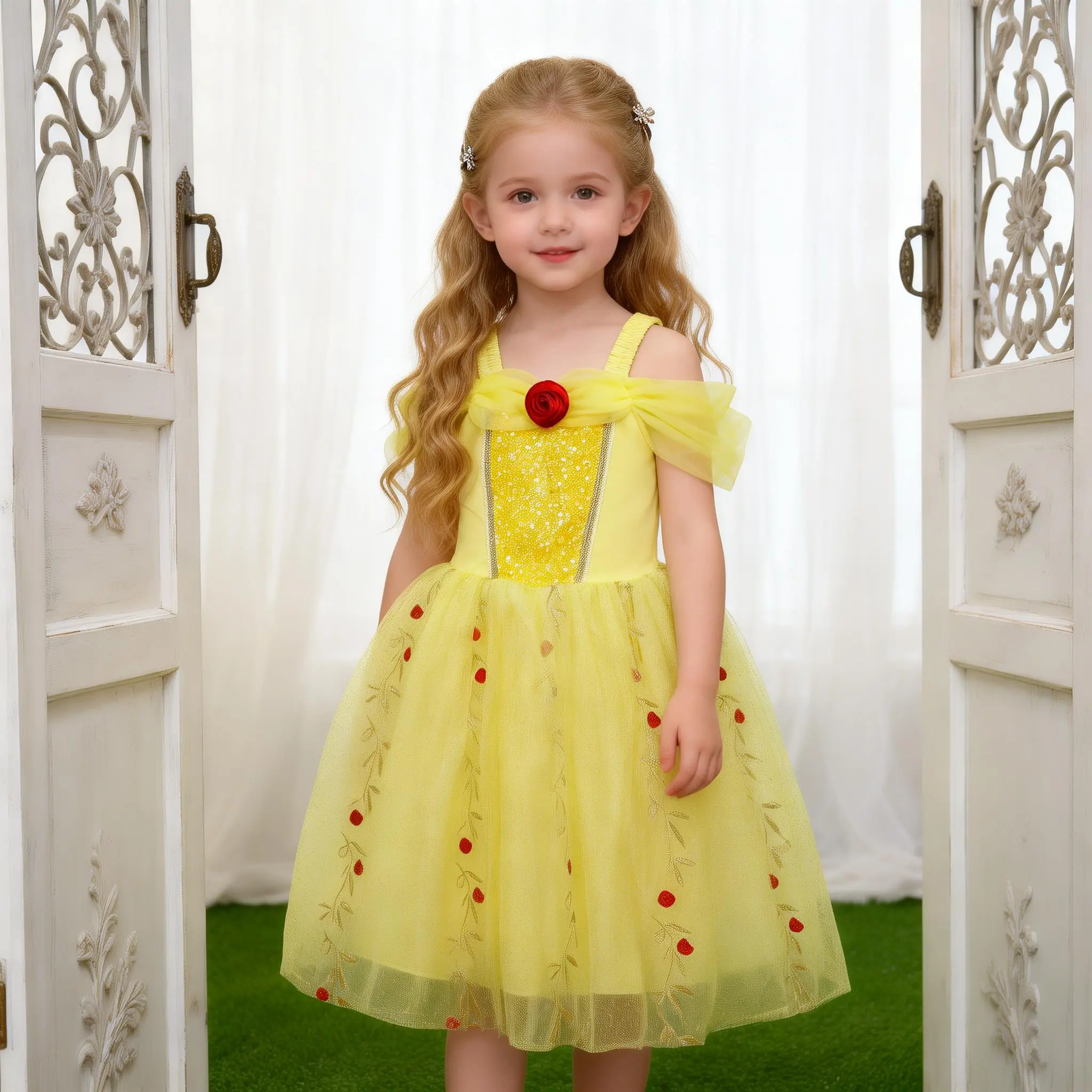 Girls' Yellow Princess Dress, Sparkly Off-Shoulder Tulle Gown with Rose Embroidery, Ideal for Birthdays & Costume Play