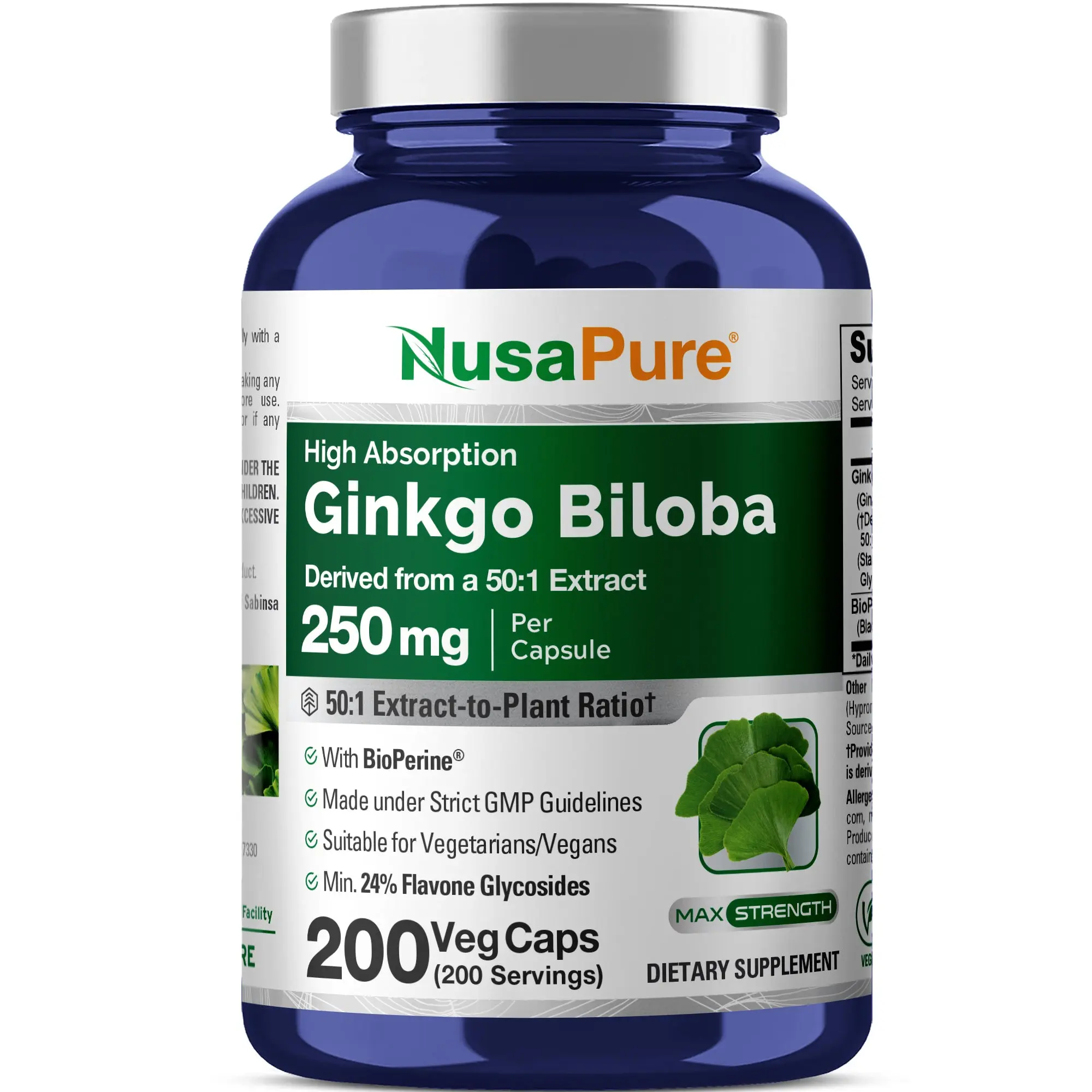 NusaPure Ginkgo Biloba 50:1 Extract Nutritional Health Supplement, 250mg Veggie Capsules (200 Count) - Natural Daily, Nootropic Brain, Mood Boosting, Vision & Eye Support, Vegan, Vegetarian, Non-GMO, with Bioperine, Mood Boosting Supplement, Natural Daily