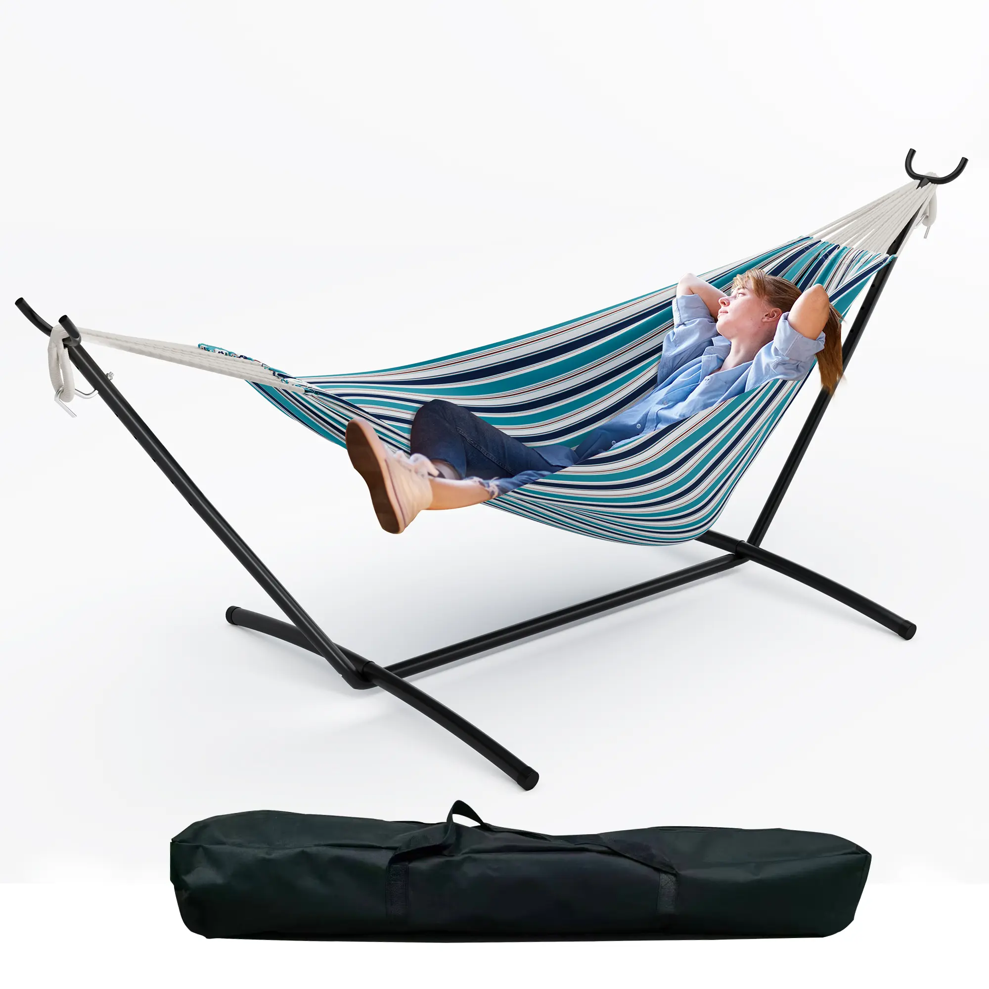 2-Person Double Patio Swing Hammock, Indoor Outdoor Standing Design with Space-Saving Steel Stand, Portable Carry Bag, 450Lbs Weight Capacity, Suitable for Garden Camping, Patio Swings, Portable Hammocks