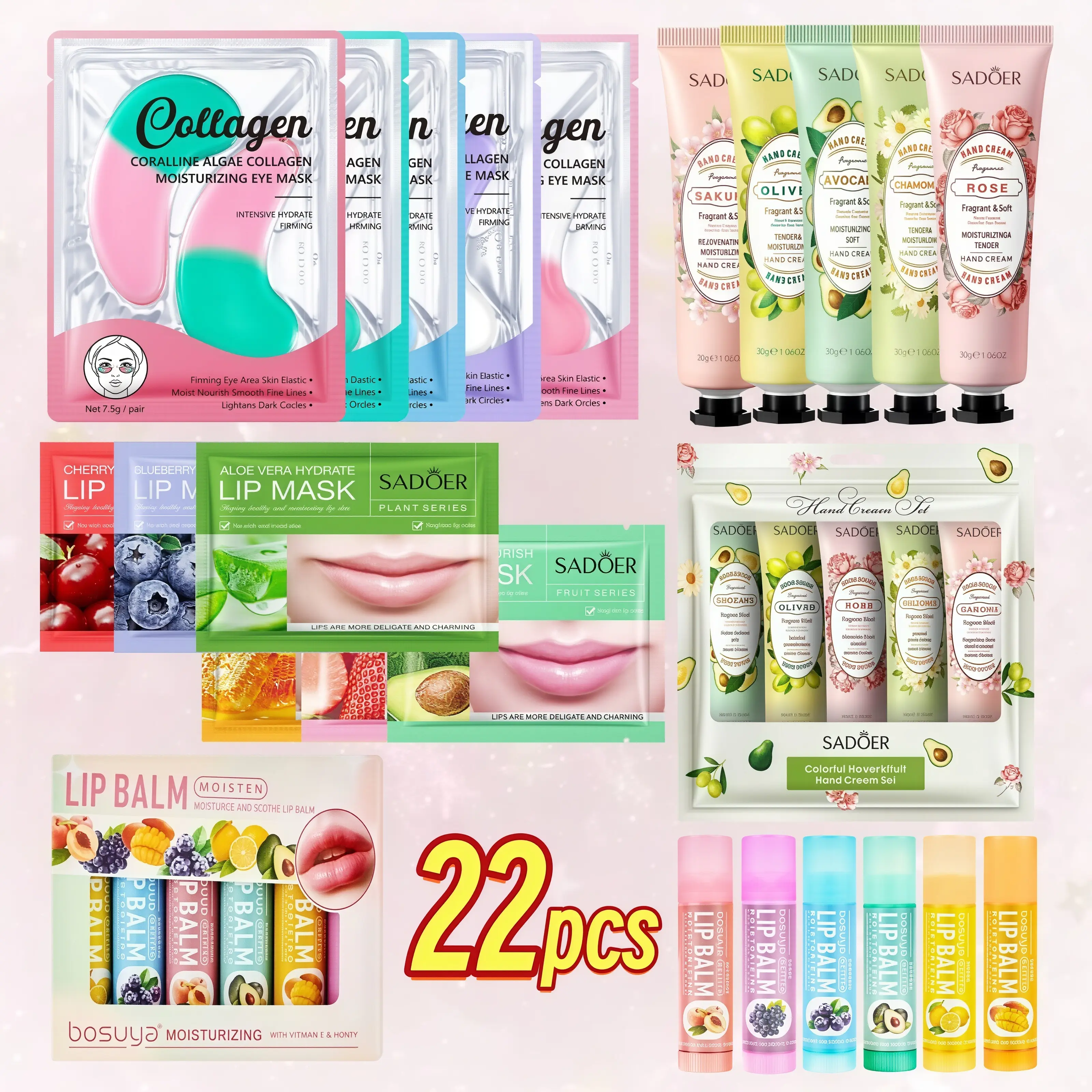 22-piece facial care set including eye masks, lip masks, hand cream, and lipstick; contains various fruit extracts for hydration and moisture; suitable for dry skin; ideal for daily skincare and travel; skincare set, travel set, holiday gift Summer Glow B