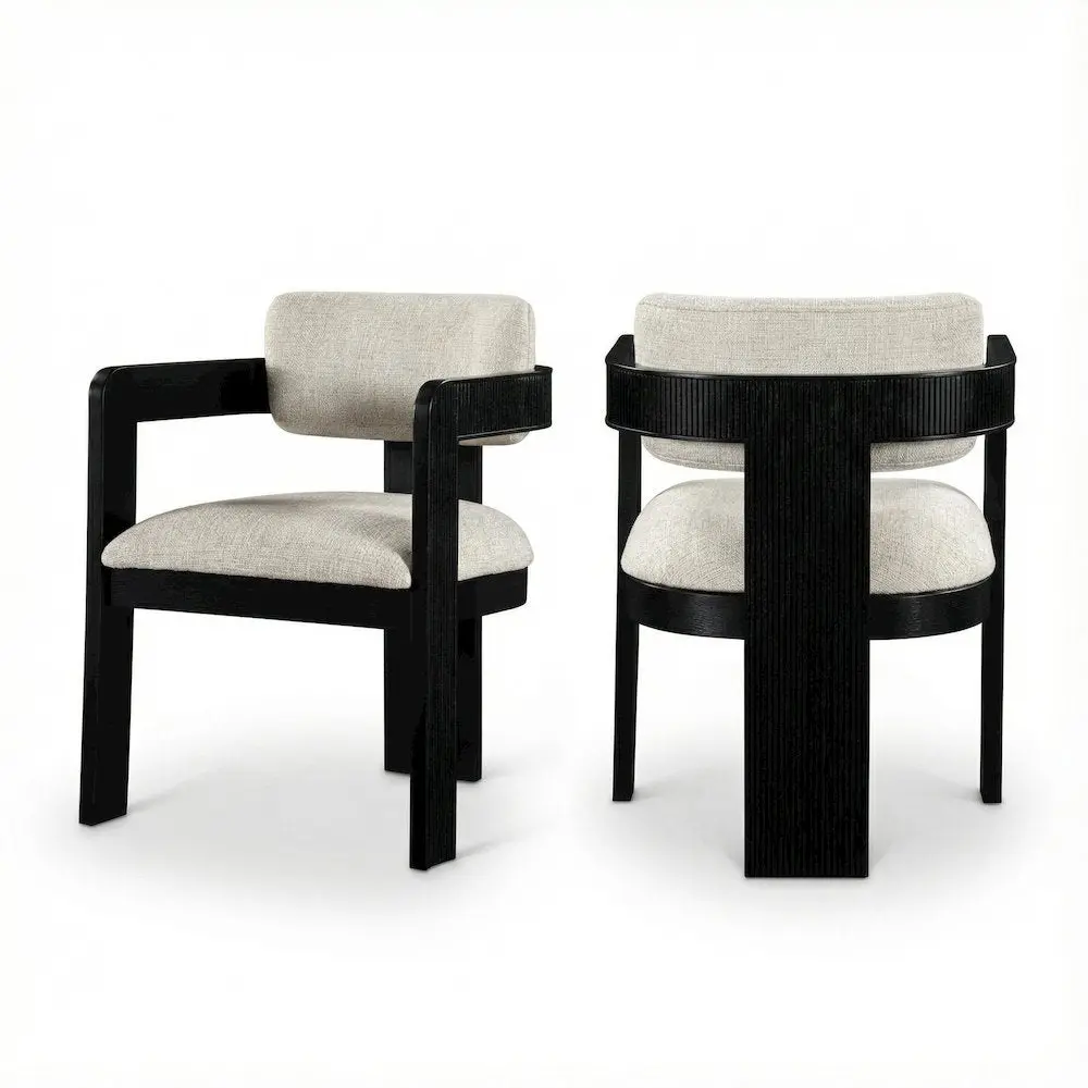 Set of 2 Black Art Deco Indoor Dining Chairs with Fixed Arms, Textured Fabric, and Rubberwood Legs