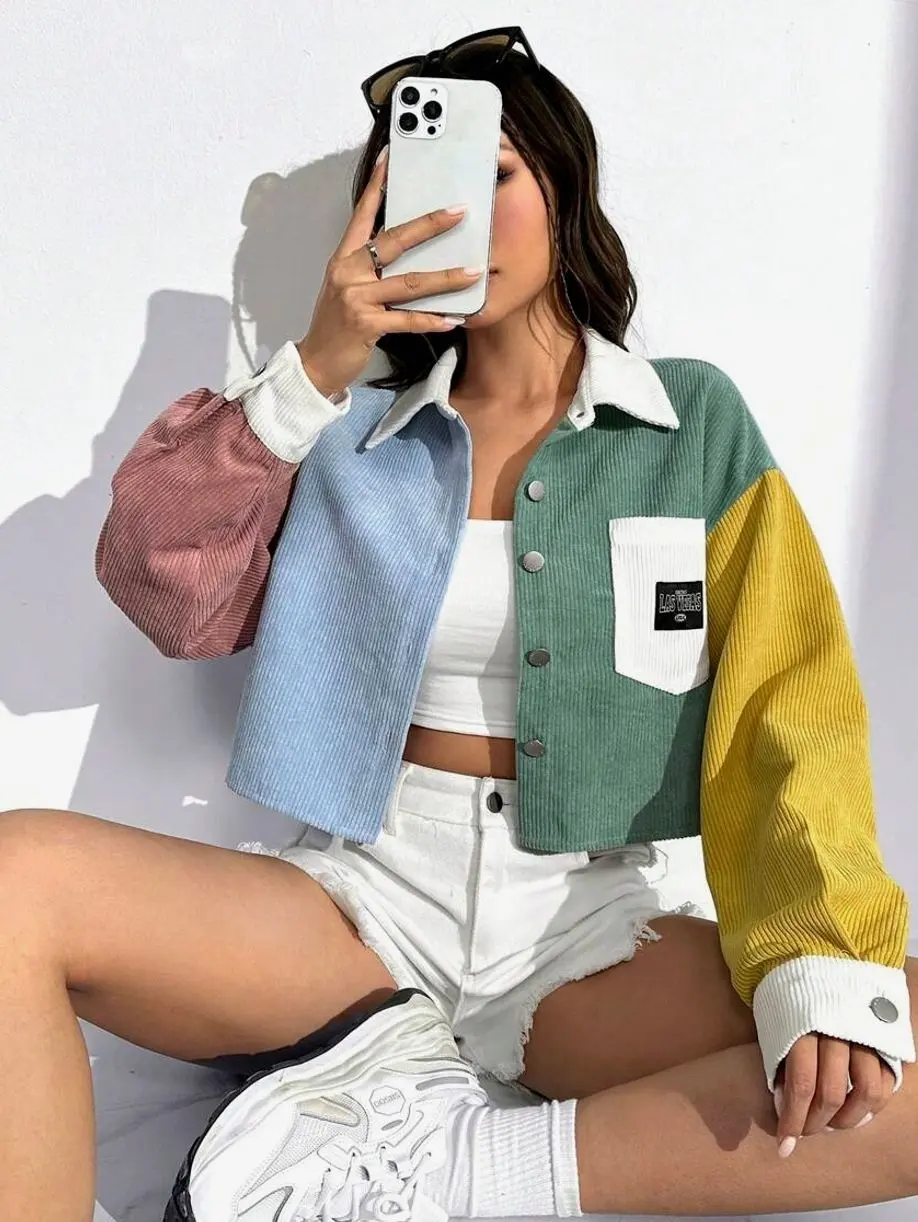 Women's Corduroy Letter Patch Jacket, Cropped Button-Down Fall Winter Streetwear Outerwear