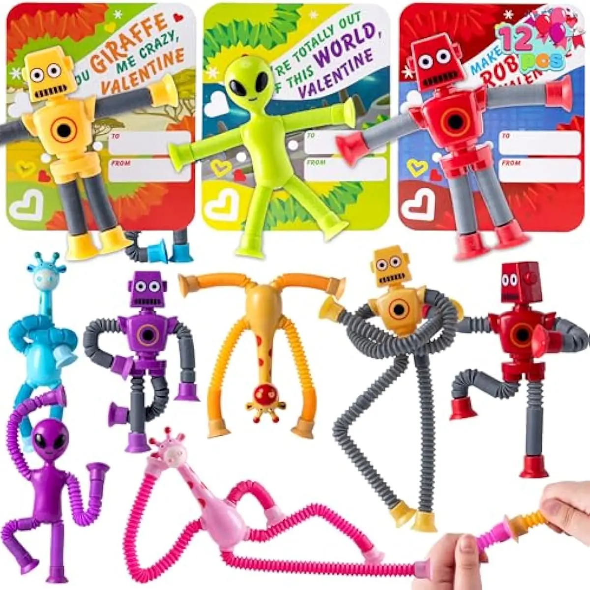 12 Packs Valentine's Day Telescopic Suction Pop Tube with Cards, Kids Toys Party Favors, Classroom Exchange Gift for Kids, Classroom Holiday Prizes