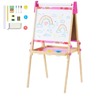 Double-Sided Kids Art Easel with Paper Roll - Magnetic Chalkboard & Whiteboard, Height Adjustable Wooden Frame, Complete Supplies for Ages 3+