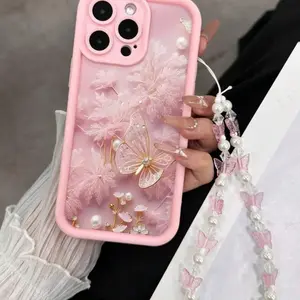Butterfly Flower Pattern Floral Butterfly Lanyard, Anti-Drop Full Coverage Protective Case, Gift for Girlfriend, Elderly, Lover, Compatible with iPhone