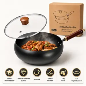 Upgrade Your Kitchen! 24cm Titanium-Enhanced Cast Iron Deep Pan, Nonstick, Scratch & Rust Resistant, Easy Clean Wok with Tempered Glass Lid