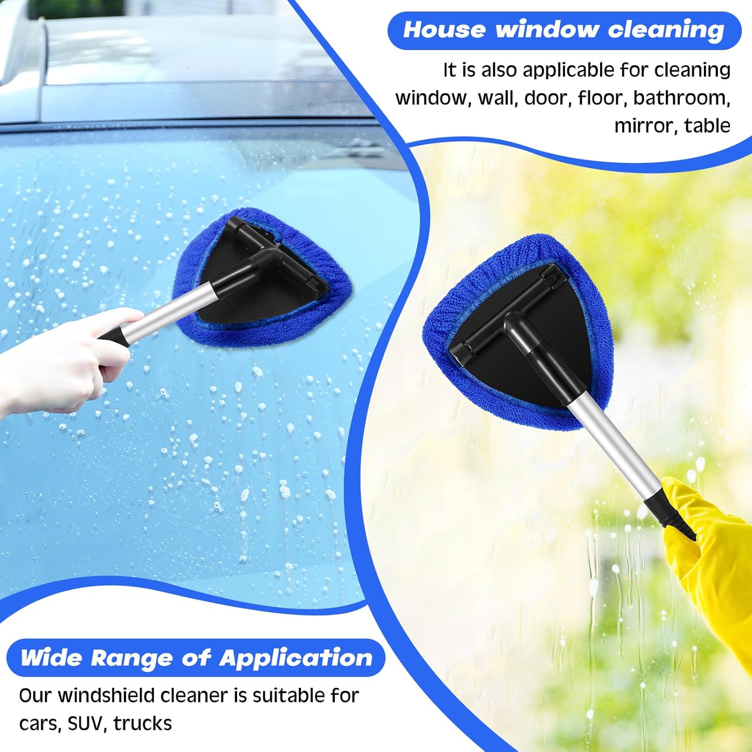 Windshield Cleaner Tool Car Window Cleaning Supplies with Extendable Handle Include 4 Washable Microfiber Bonnets 1 Empty Spray Bottle Glass Wiper Kit Cleaning Kit Universal for Office and Home
