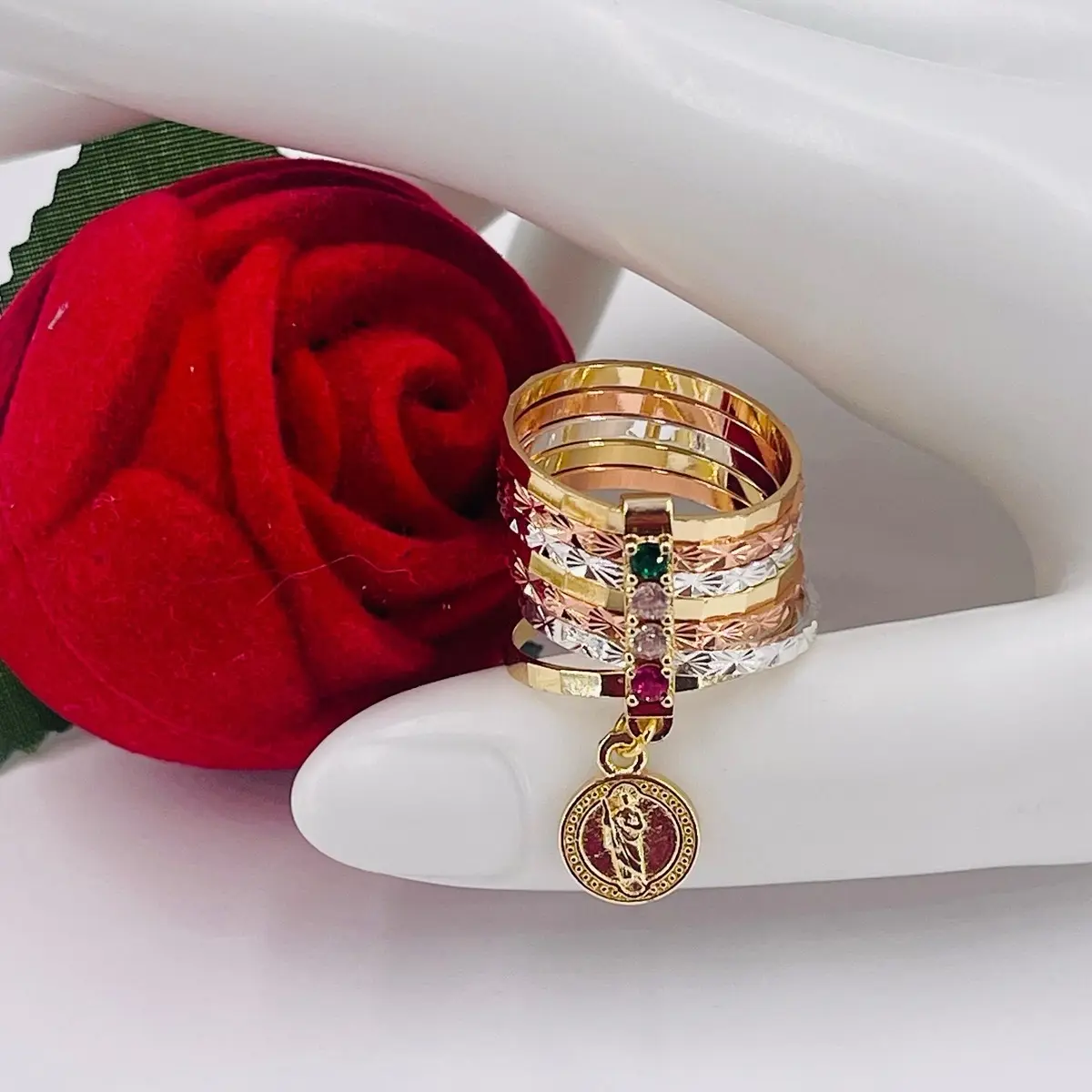 Casual Unisex Saint Jude Weekly Ring, 14k Gold Plated Metal Coating, Tri-Tone Design with Multicolor Stones, Sizes 7,9,10,11,12 Fashion Costume Jewelry