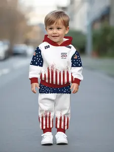 Red and white vintage striped commemorative digital printed hooded sweatshirt set for baby boys, casual and comfortable, perfect for daily outings, a trendy and versatile gift for little boys