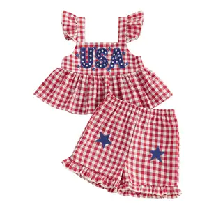 Toddler Baby Girl 4th of July Outfit Red Gingham USA Star Ruffle Strap Peplum Tank Tops and Shorts Independence Day Summer Clothes