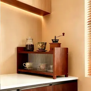 Vintage Solid Wood Sideboard Storage Cabinet, Dustproof Design, Long Glass Shelves, Space-Saving Furniture for Living Room, Office, Kitchen