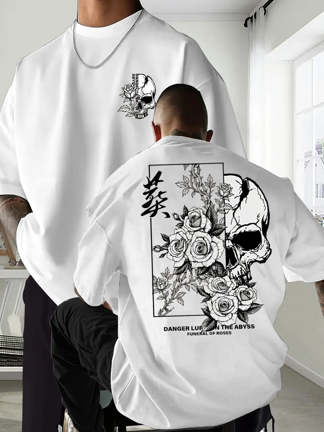 Men's Summer Skull Rose Graphic Print Short Sleeve Round Neck Classic T-Shirt, Bold Statement Tee, Streetwear Casual Comfortable Top for Outdoor Wear, Fitted Long Clothing Menswear