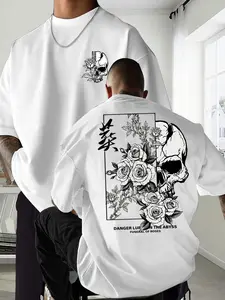 Men's Summer Skull Rose Graphic Print Short Sleeve Round Neck Fitted T-Shirt, Streetwear Casual Comfortable Menswear, Top for Outdoor Wear