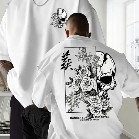 Men's Summer Skull Rose Graphic Print Short Sleeve Round Neck Classic T-Shirt, Streetwear Casual Comfortable Top for Outdoor Wear, Fitted Long Clothing Menswear, Graphic T Shirts