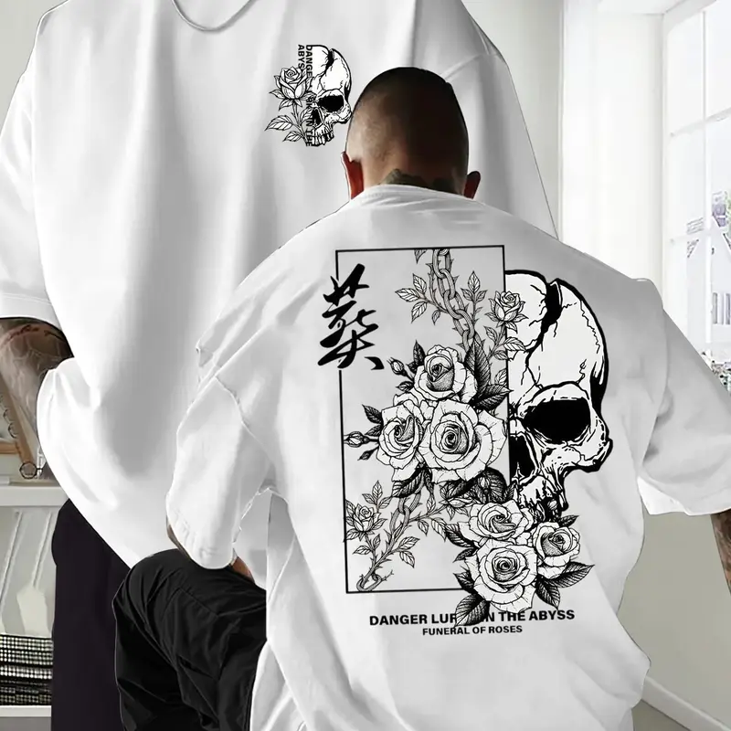 Men's Summer Skull Rose Graphic Print Short Sleeve Round Neck Classic T-Shirt, Streetwear Casual Comfortable Top for Outdoor Wear, Fitted Long Clothing Menswear, Graphic T Shirts