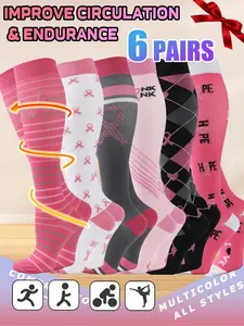 6 pairs of men's and women's compression socks, wide calf, booster socks for circulation, running, nurses, pregnant women, various colour patterns available, Sports Athletic Socks, Sports Fit Socks