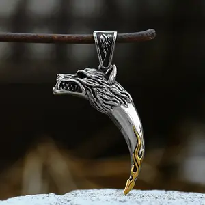 GTHIC Wolf Tooth Stainless Steel Animal Pendant For Man Viking Jewelry For Rapper Biker Rider Gift