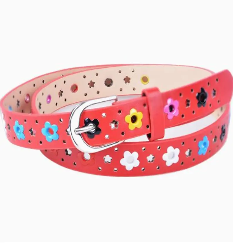 Colorful Floral Punch-Out Leather Belt - Casual Hollow Flower Waist Strap (100cm)