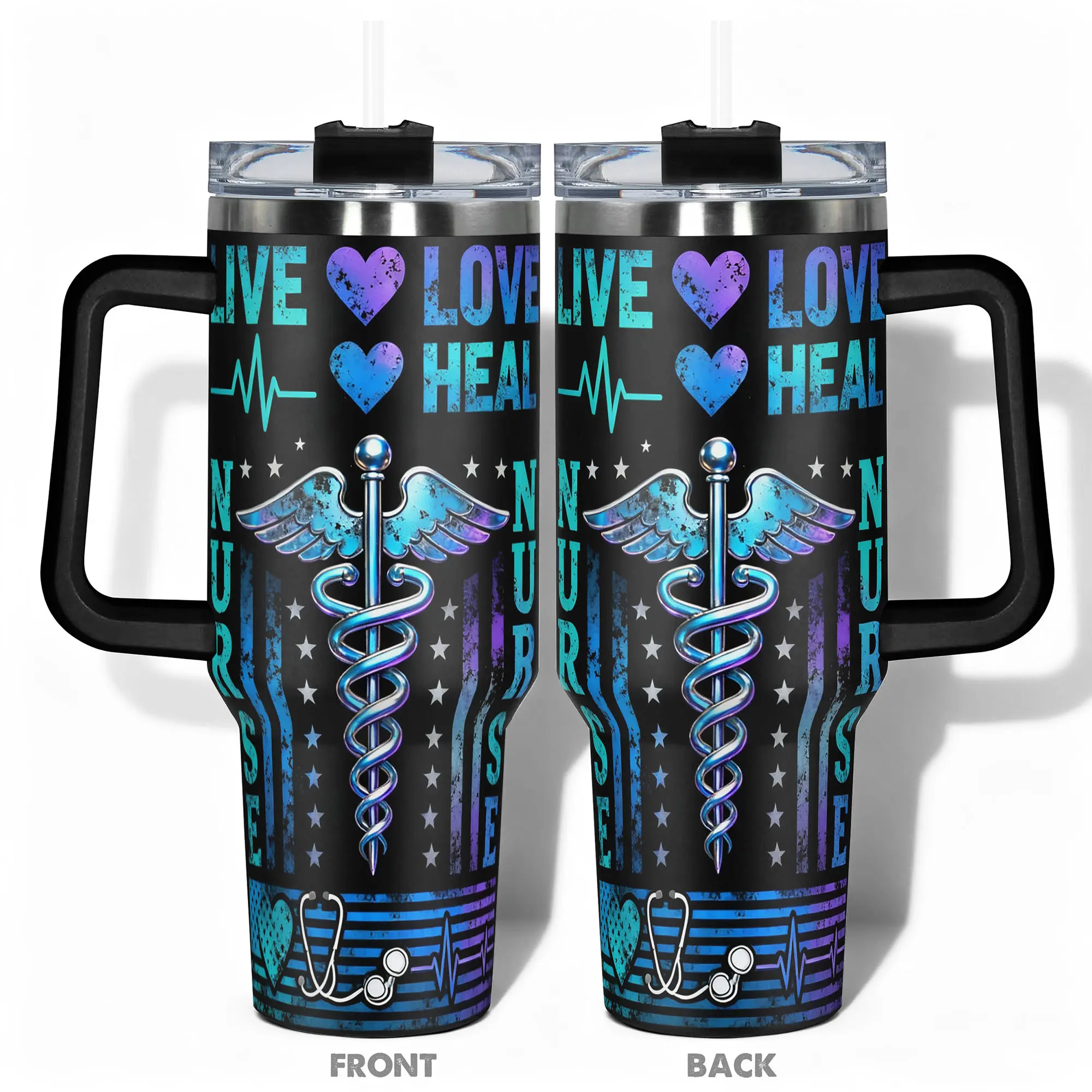 1pc Stainless Steel Cup 40oz/30oz/22oz/20oz/14oz Water Bottle,Funny Design With Nurse Caduceus Stethoscope Double-layer insulation Leakproof Large Capacity, Needed for Gym, Hiking, Travel Ideal Birthday Christmas
