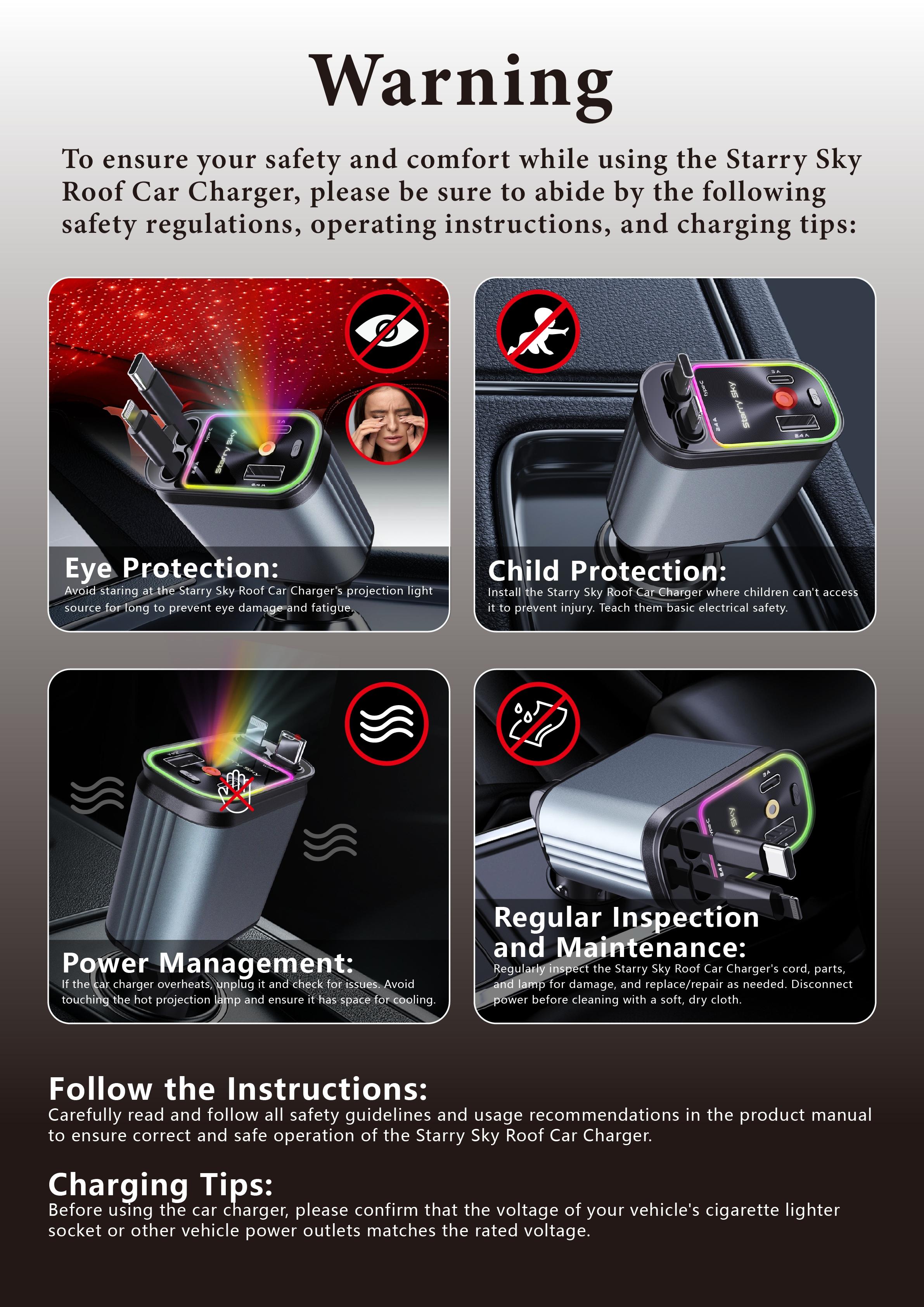 W&O 4-in-1 Retractable Car Charger - Fast Charging, Star Projector, Starlight Headliner, Lightning/Type-C, 2 USB Ports, Compatible with iPhone 15/14/13/12/11, Galaxy, Pixel, Compact and Portable Design