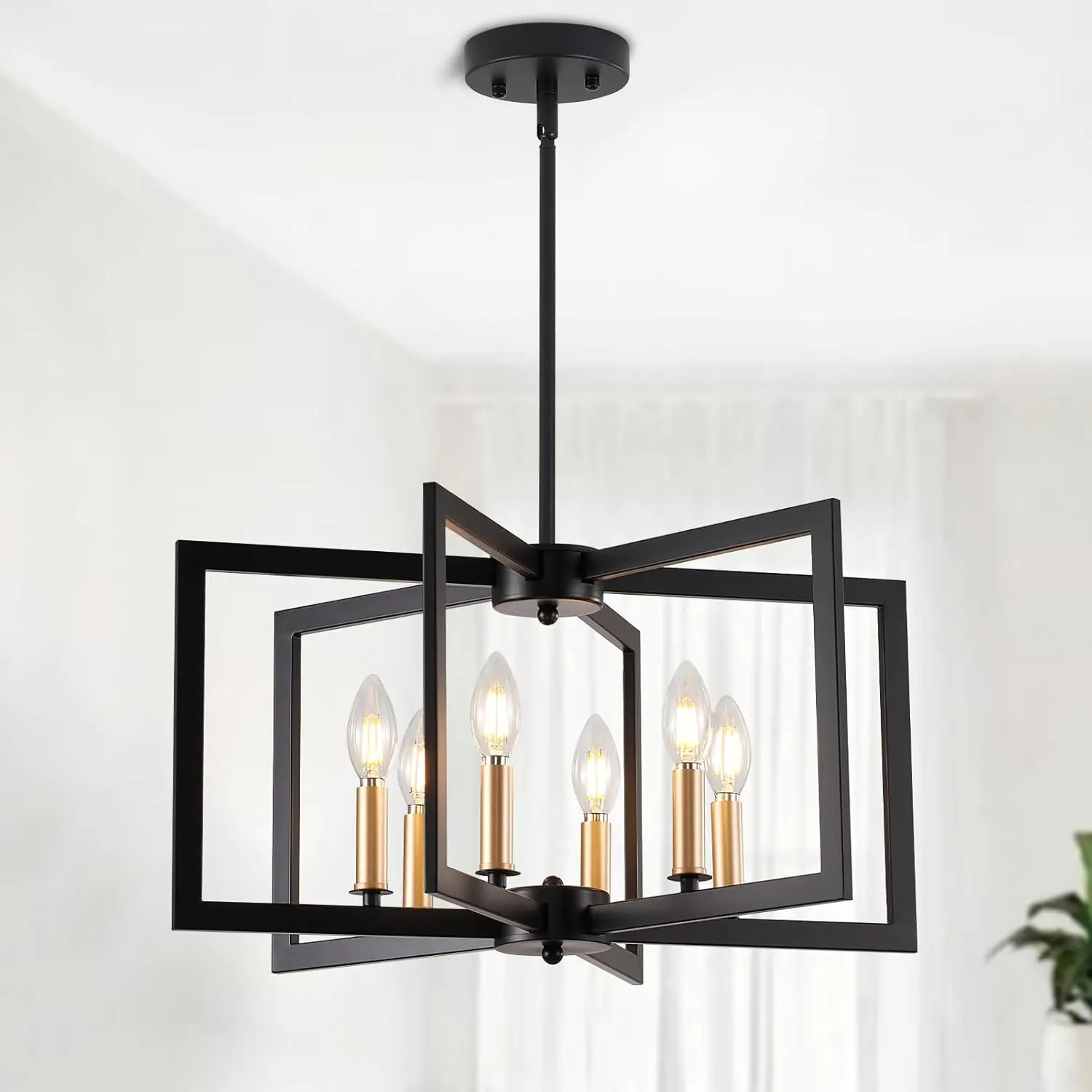 Black Chandelier Geometric Metal Modern Industrial Pendant Lighting 6 Lights Adjustable Height E12 Bulb Compatible Farmhouse Living Room Kitchen