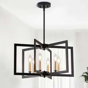 Black Chandelier Geometric Metal Modern Industrial Pendant Lighting 6 Lights Adjustable Height E12 Bulb Compatible Farmhouse Living Room Kitchen