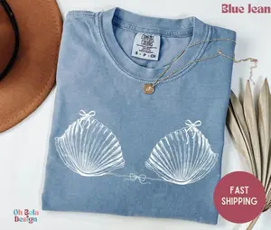 Comfort Colors Seashell Shirt, Playful Ocean Lover Graphic Tee, Aesthetic Coquette Bow Beach Shirt, Trendy Oversized Preppy Coastal Design, Premium Garment Dyed Summer Vacation Gift
